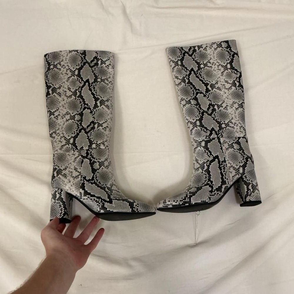 Snake Print Knee-High Block Heel Boots | Women's Size 8.5